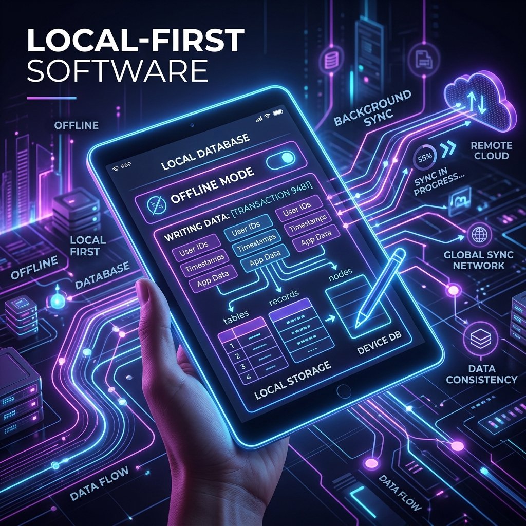 Local server terminal syncing data with database nodes representing local-first architecture