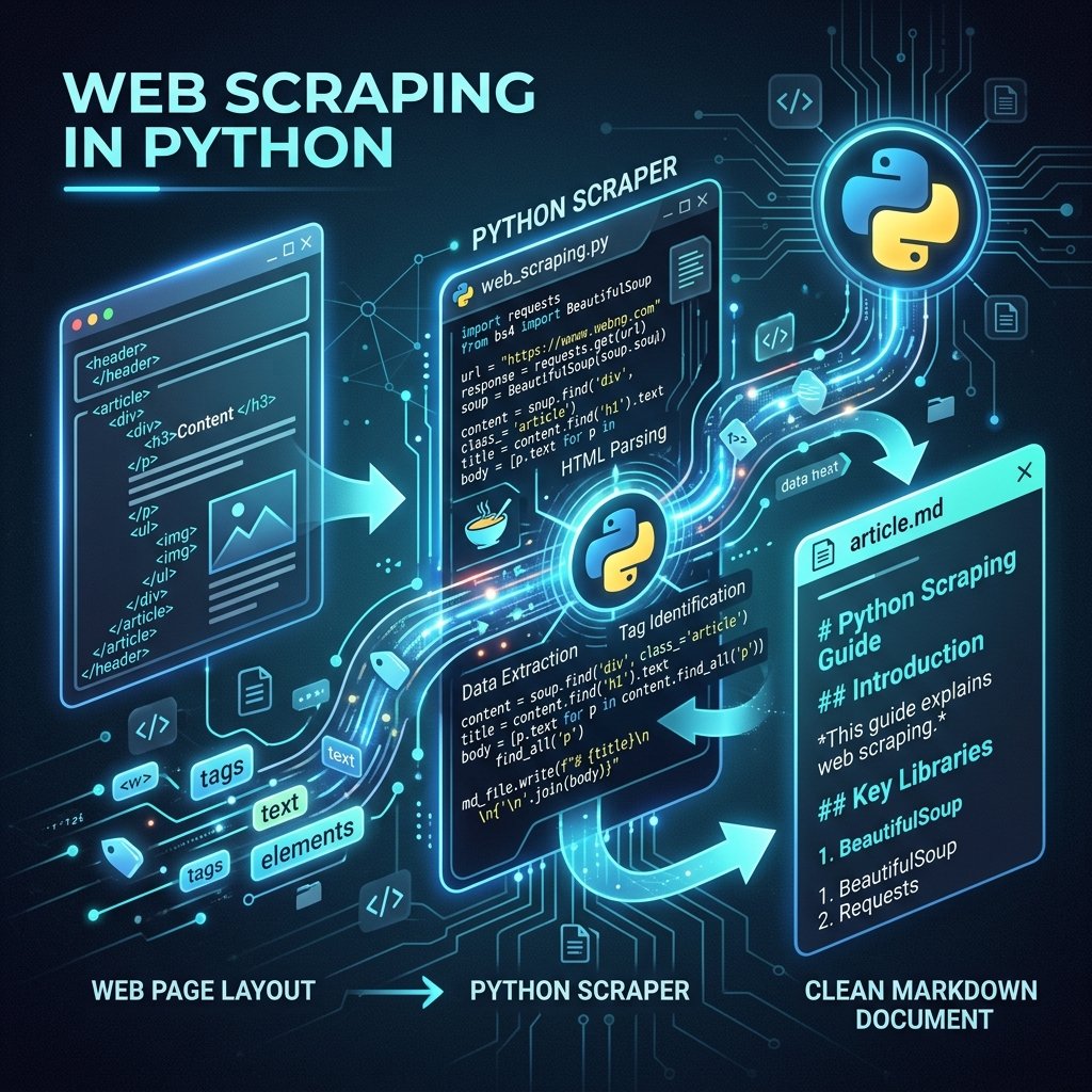 Python code on terminal converting web layouts to markdown text